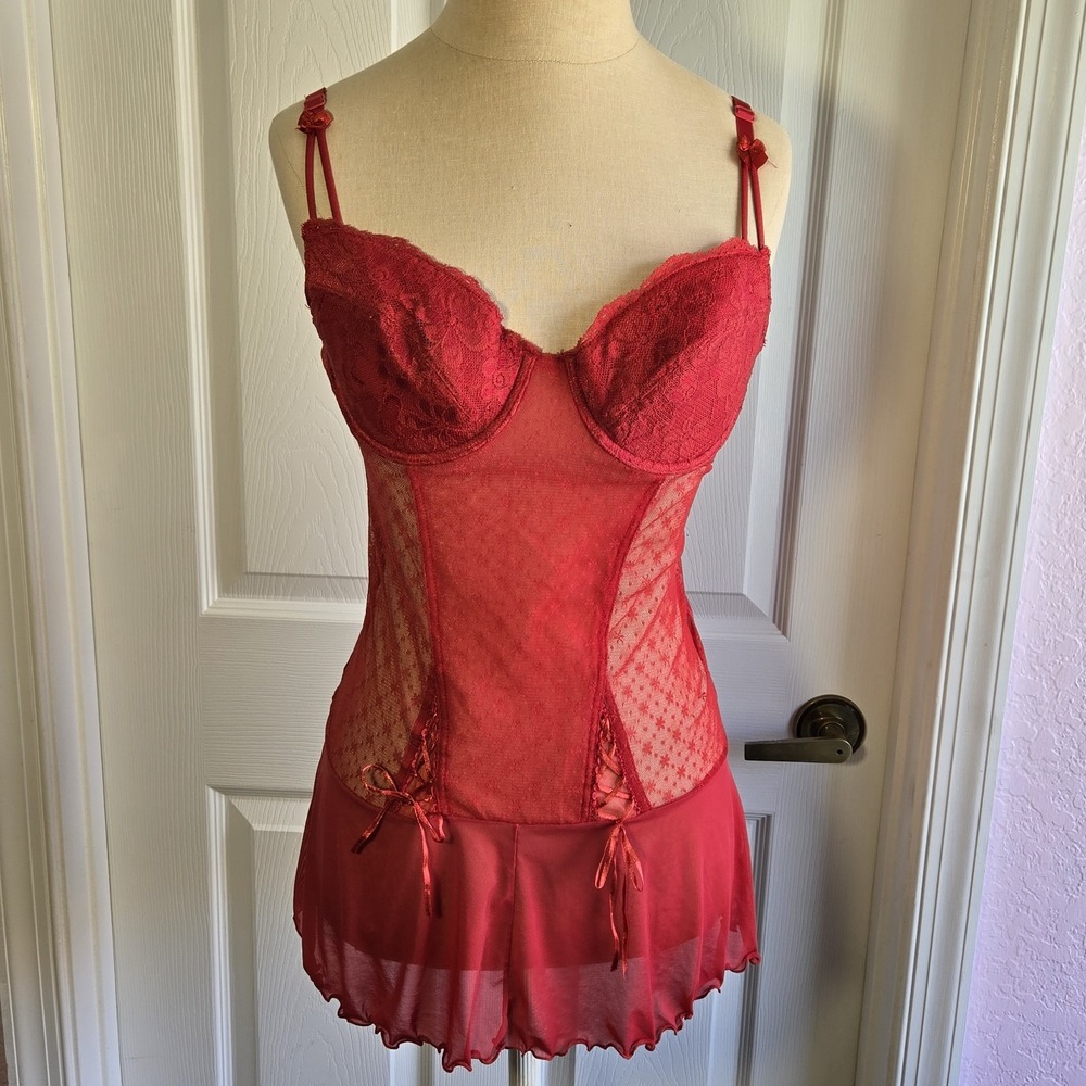 Frederick's Of Hollywood Red Corset‎ Mesh Nightie Camisole Top Size L Underwire